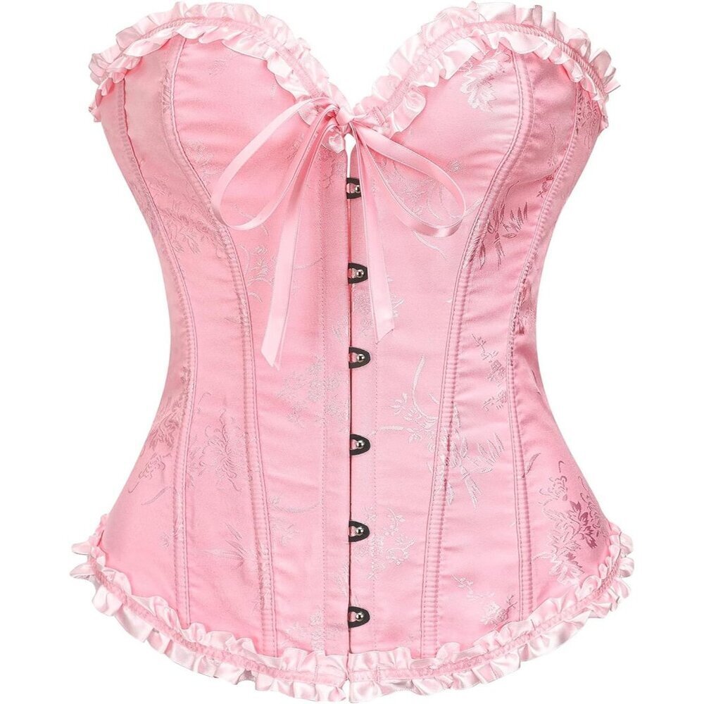 Women's Powder Pink Corset Tops Bustier Lingerie Lace Waist Push Up Bodysuit